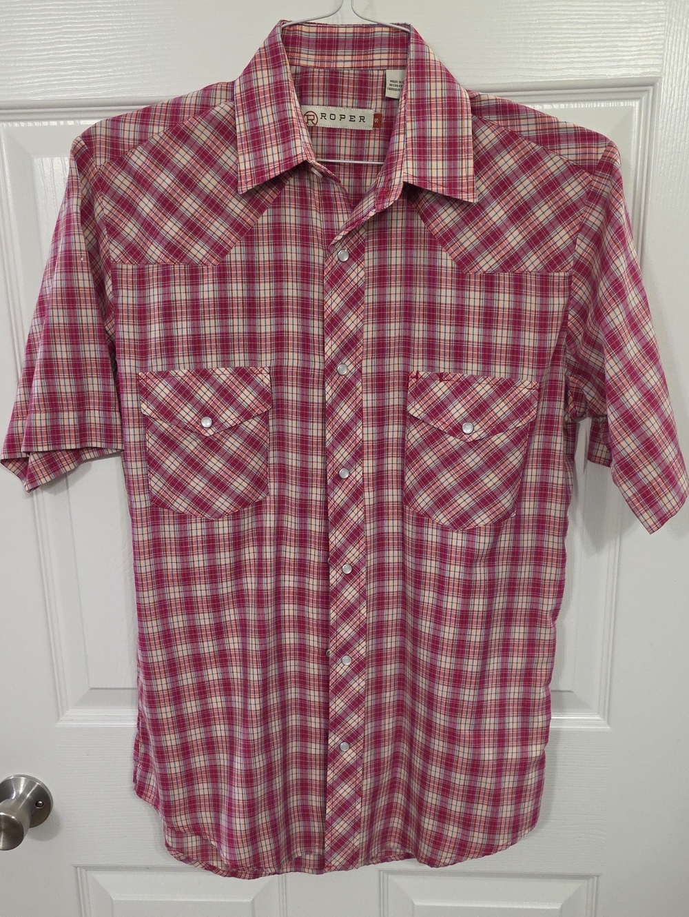 Roper Men's Pink and White Plaid Short-Sleeve Western Shirt